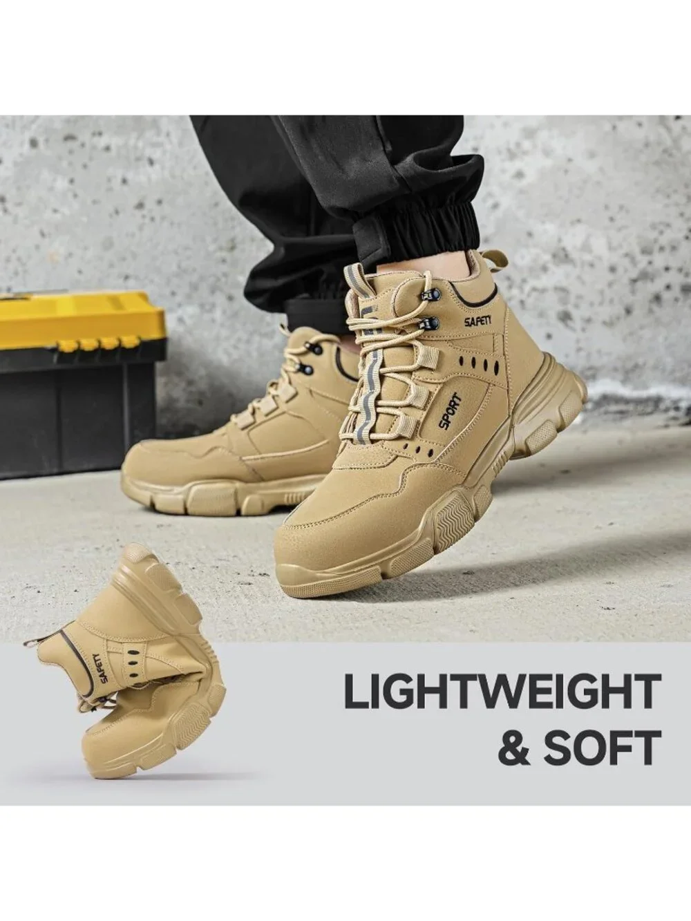 Men's Khaki Splashproof Shoes Casual High Top Steel Toe Non Slip Hiking Boot